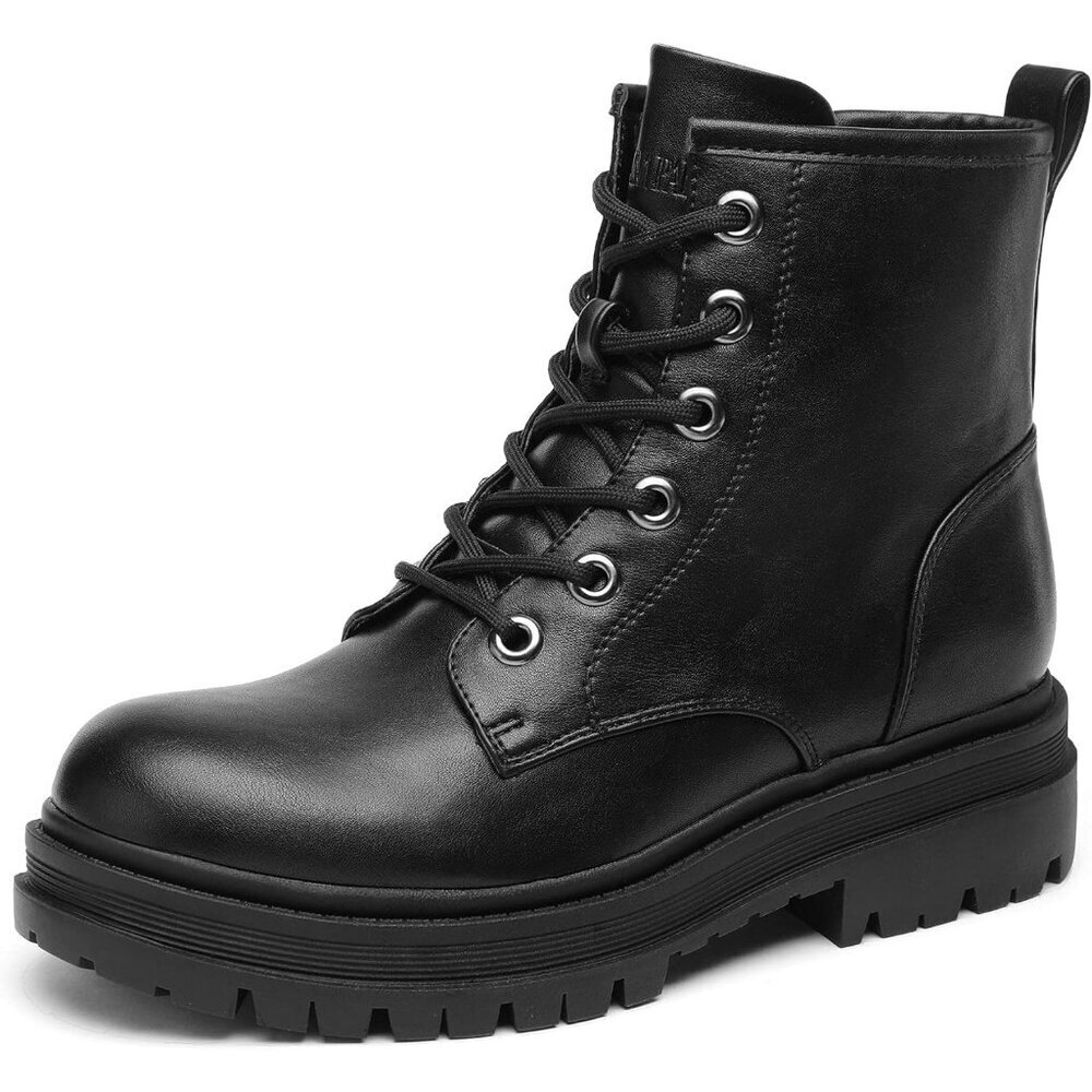 Women's Leather Black Lace Up Ankle Bootie Side Zipper Lug Sole Boots